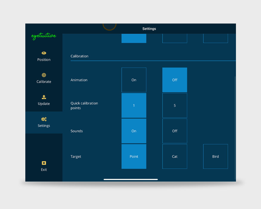 eyetuitive for Windows Eye Tracker - Settings Screen