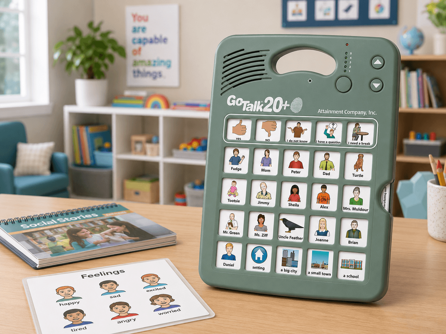 GoTalk 20+ Lite communication device on a table with educational materials in a classroom setting