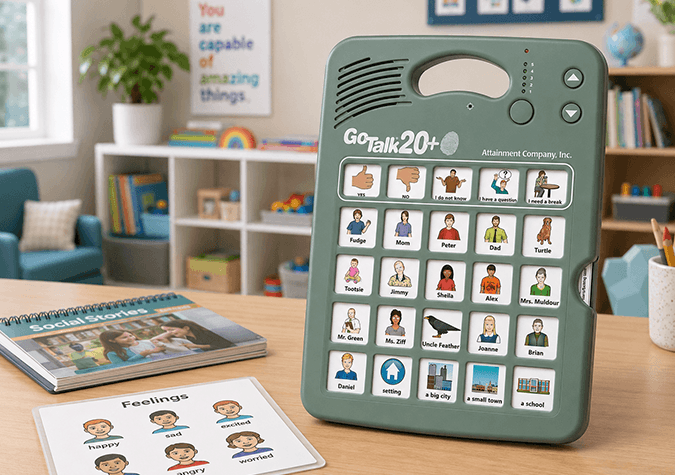 GoTalk 20+ Lite communication device on a table with educational materials in a classroom setting