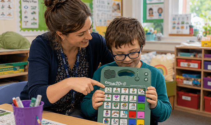 Teacher and student in a classroom with a GoTalk 4+ Lite Touch communication device