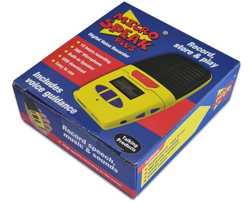 Micro-Speak Plus, Digital Voice Recorder Dictaphone, 8 GB, 96 hours recording, Yellow. Includes Audible Prompts and Voice Guidance for Low Vision users Micro-Speak Plus, Digital Voice Recorder Dictaphone, 8 GB, 96 hours recording, Yellow. Includes Audible Prompts and Voice Guidance for Low Vision users