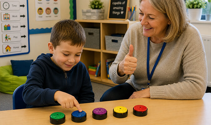 Talking Button sound buttons for communication and learning prompts. 