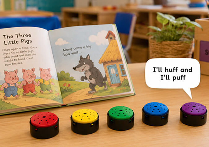 Colour-coded Talking Buttons for classroom learning activities. 
